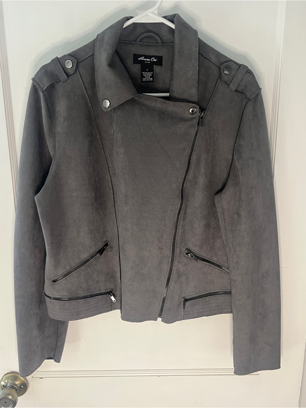 Avenue Chic Gray Suede-Style Asymmetric Moto Jacket Sz L